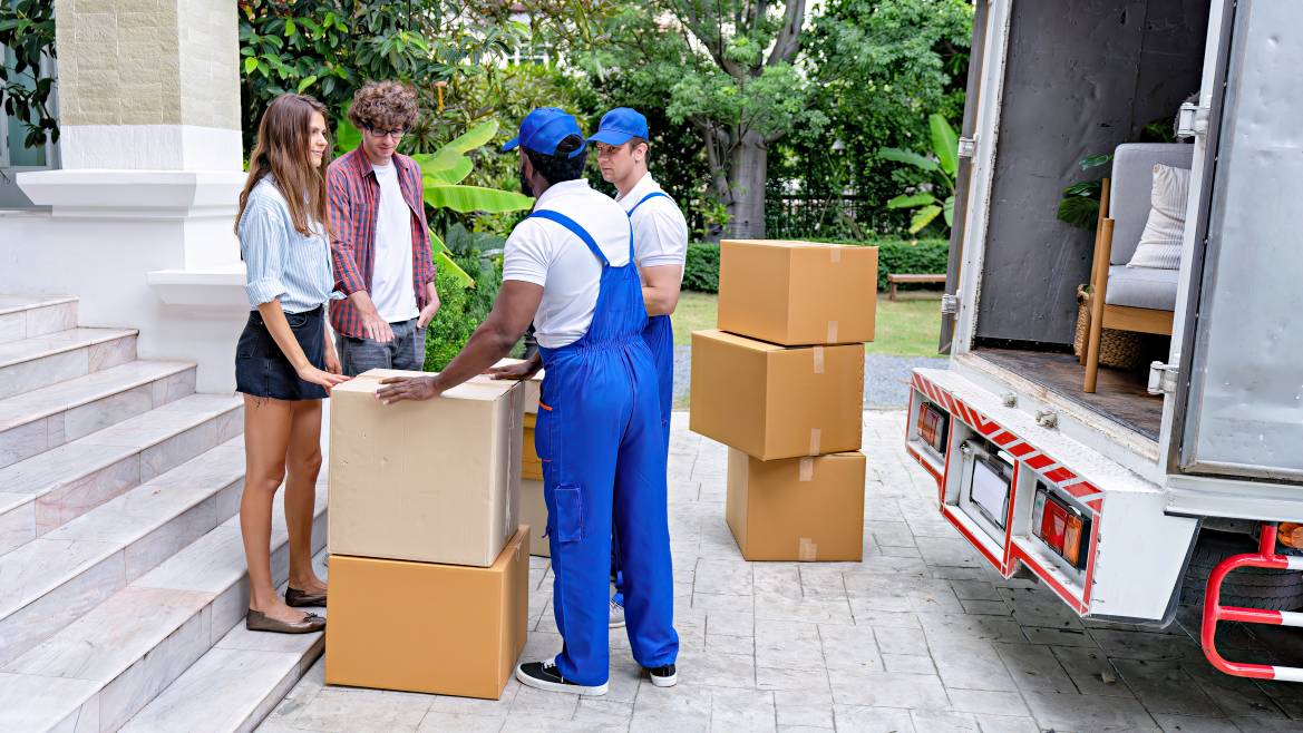 rash-out moving servicesfessional goods move service use truck carry personal belongings door to door transport delivery handover boxes luggage one by one and keep stack on the floor the owner inspection and signature